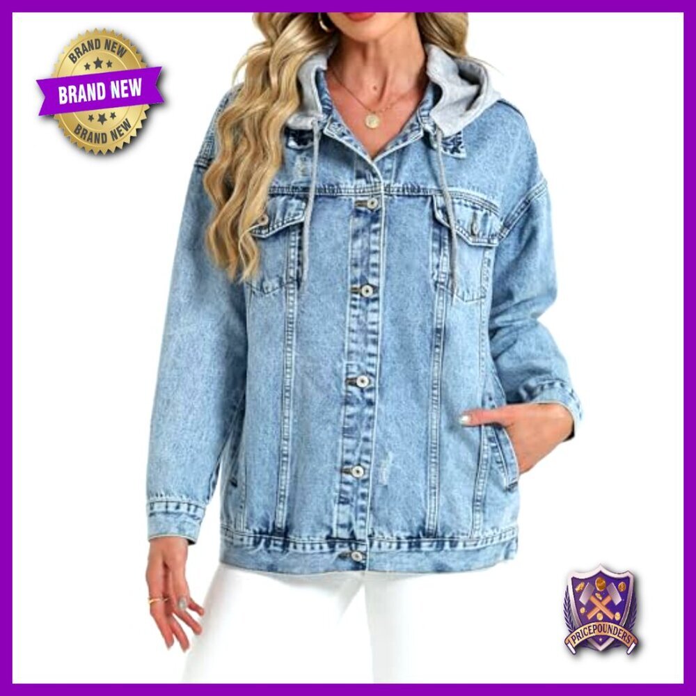 Oversized Distressed Denim Jacket with Detachable Hood Y2K Retro Boyfriend Fit - Picture 3 of 7